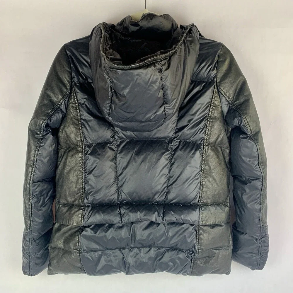 Womens Down Puffer Jacket Size Small Nylon Leather Hooded Black Chic Minimalist